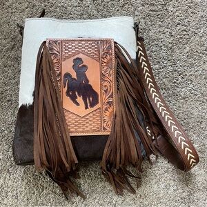 Cowgirl Chic Brown and White Tooled Leather Cowhide and Fringe, Conceal Carry